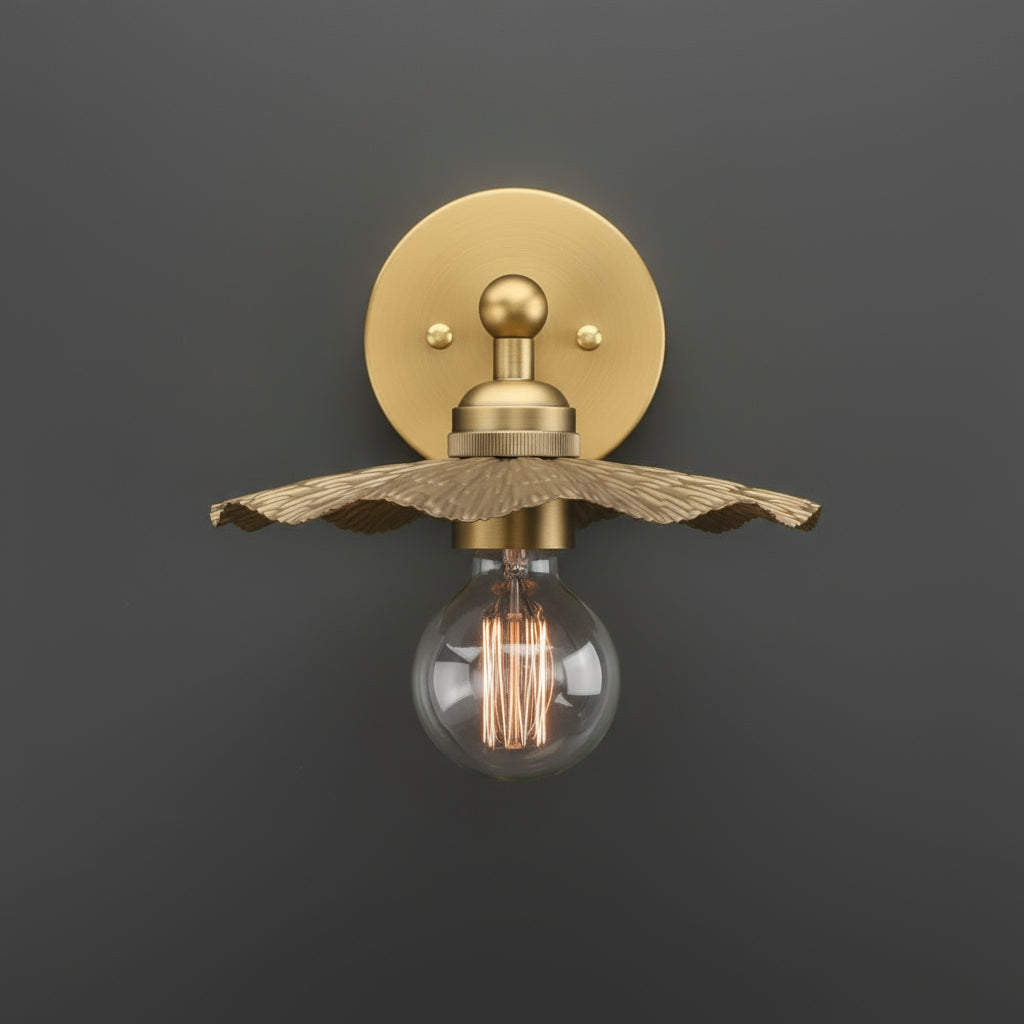 Antique Brass Wall Light | Handcrafted Leaf-Shaped Shade with Exposed Edison Bulb