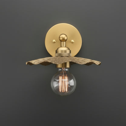 Antique Brass Wall Light | Handcrafted Leaf-Shaped Shade with Exposed Edison Bulb