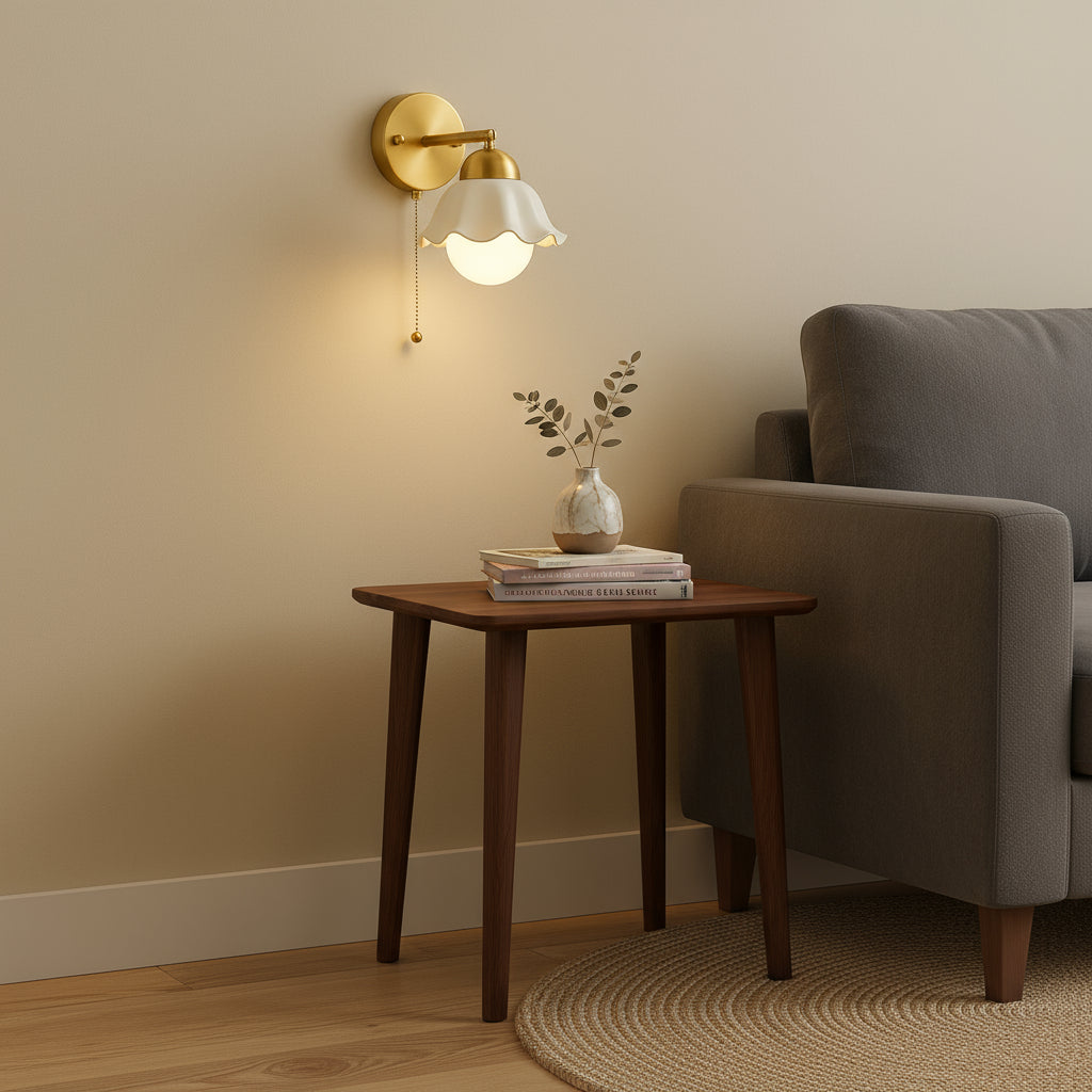 Contemporary Wall Light | Brass Base with Ceramic Shade and Pull Chain Switch