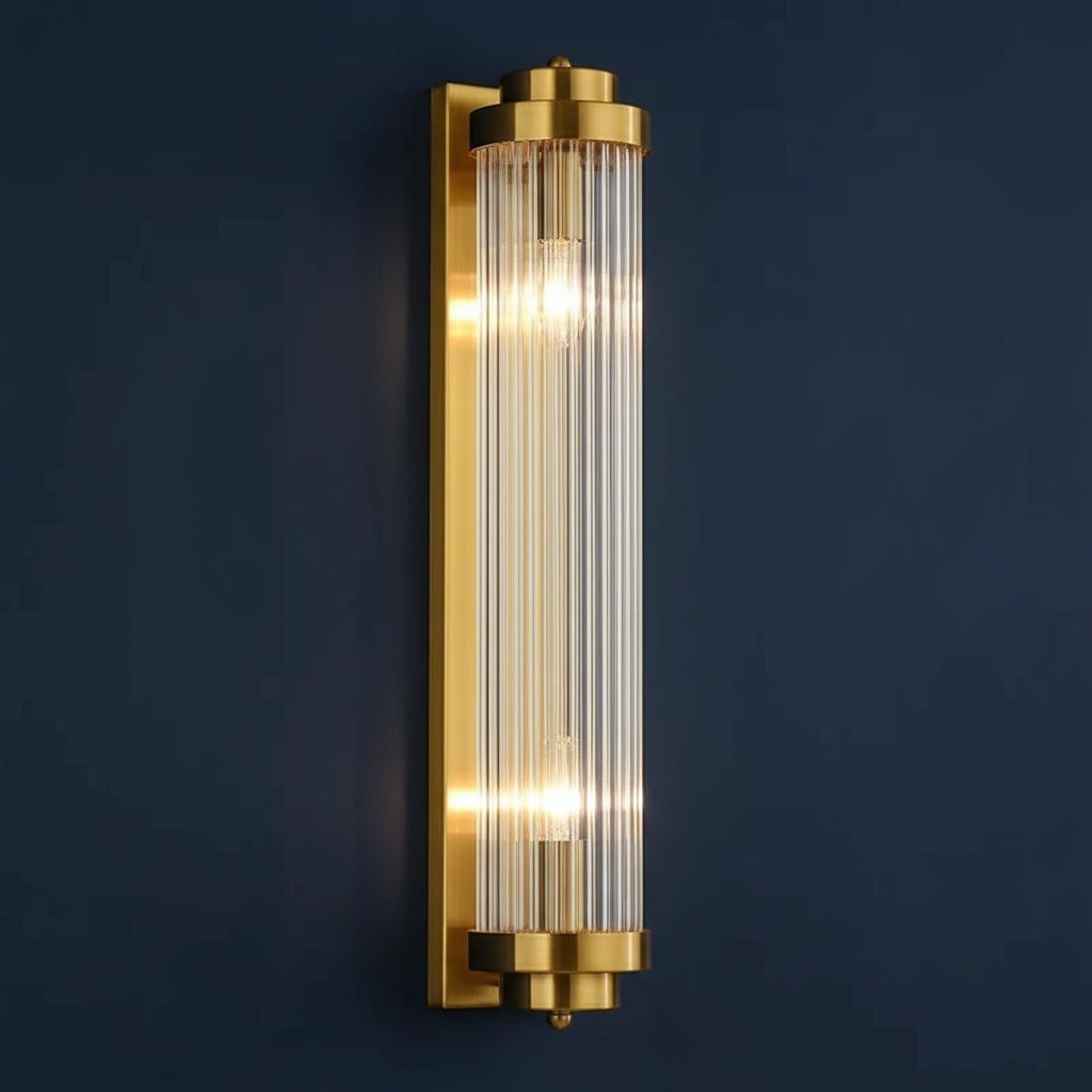 Art Deco Wall Light | Vertical Ribbed Crystal Tube Sconce with Double Bulbs