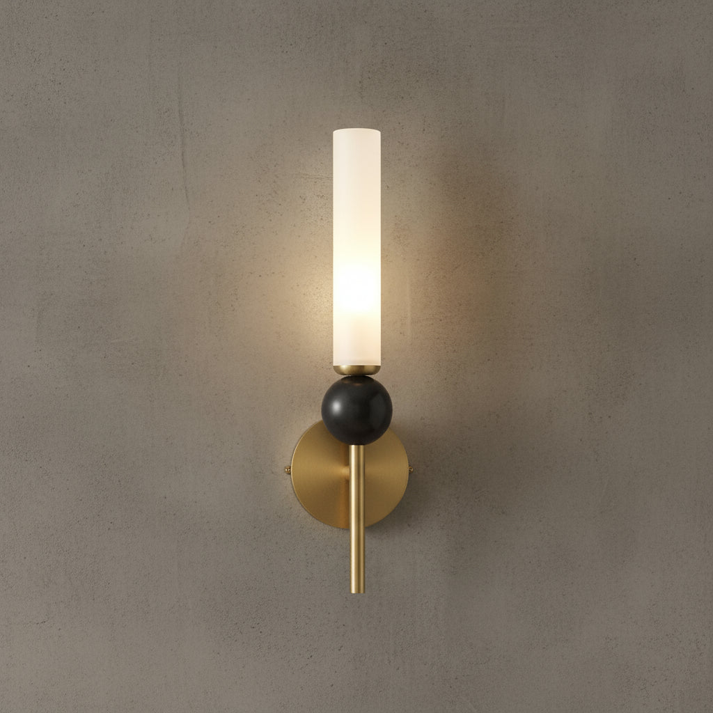 Art Deco Brass Wall Light | Slim Copper Body with Frosted Acrylic Shade and Black Sphere Detail