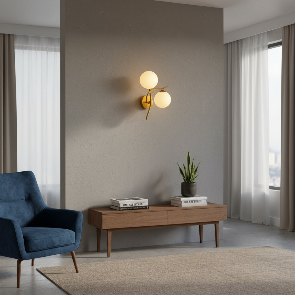 Brass Wall Light | Double Globe Modern Curved Design with Frosted Glass Spheres