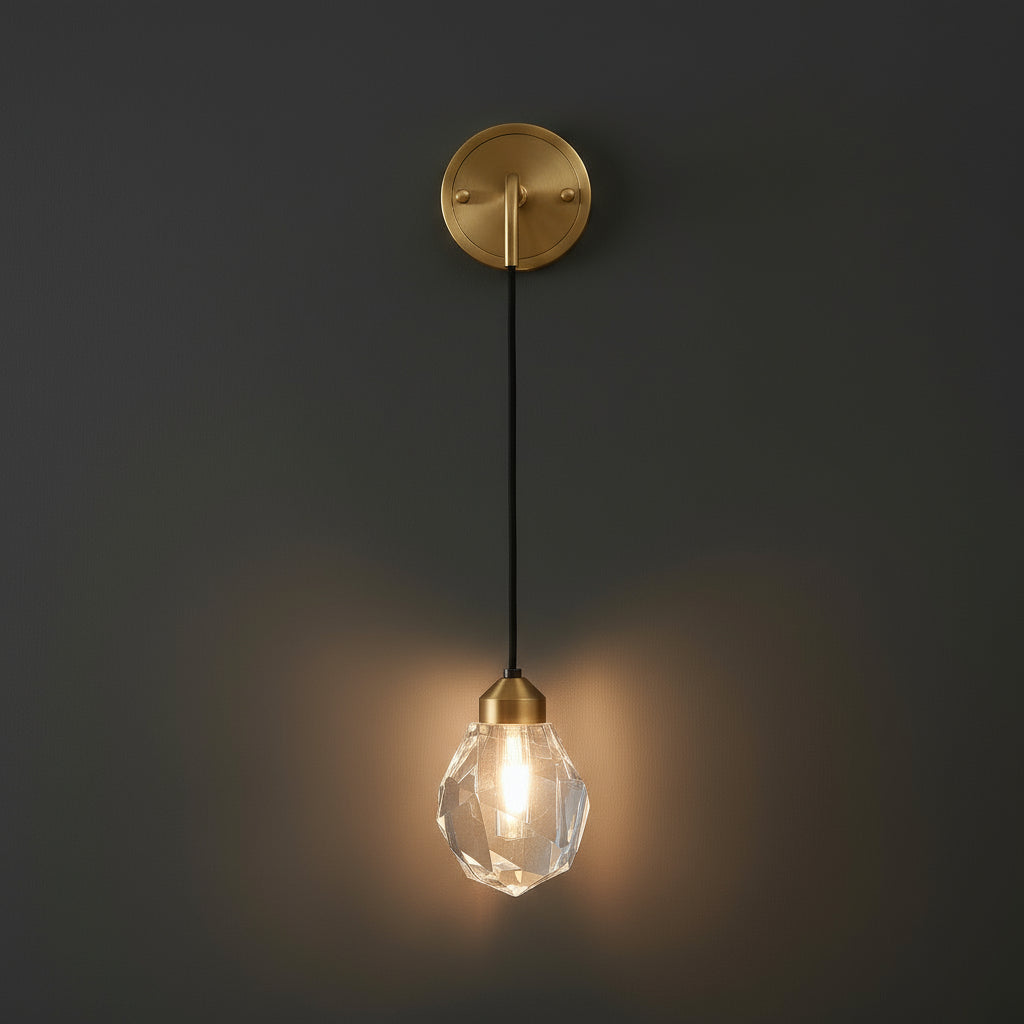 Antique Brass Wall Light | Hanging Faceted Crystal Shade with Brass Base