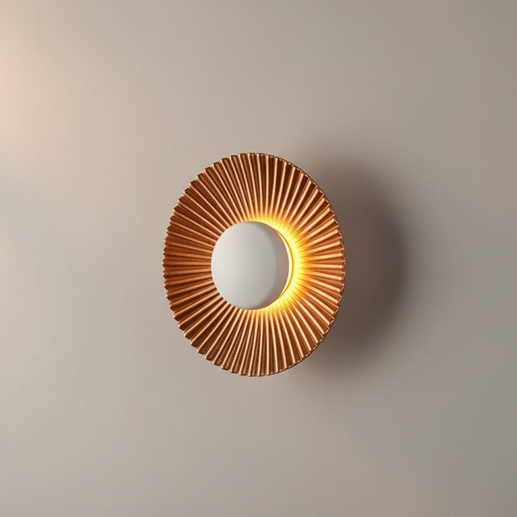 Art Deco LED Wall Light | Ribbed Aluminum Disc Sconce in White or Gold Finish