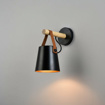Modern Wall Light | Nordic Wooden Sconce with Leather Strap & Metal Shade