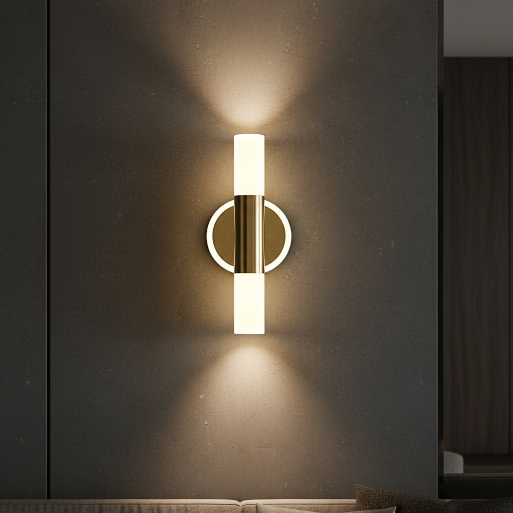 Art Deco Wall Light | Brass Cylinder LED Sconce with Double Frosted Shades