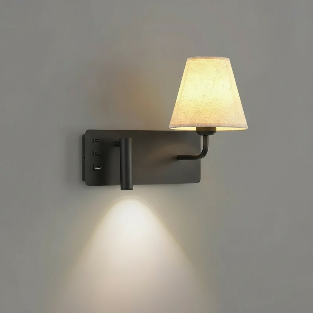 Contemporary Wall Light | Fabric Shade and Adjustable LED Reading Spotlight with USB
