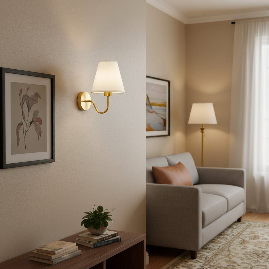 Brass Wall Light | Conical Fabric Shade Sconce with Curved Brass Arm