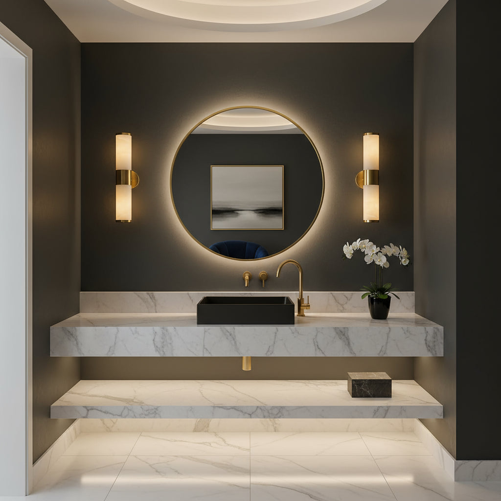 Brass Wall Light | Vertical Cylinder Sconce in Brass & Marble