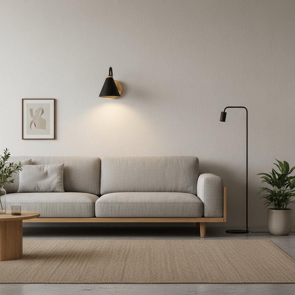 Modern Wall Light | Cone Shade Wall Lamp with Wood Base