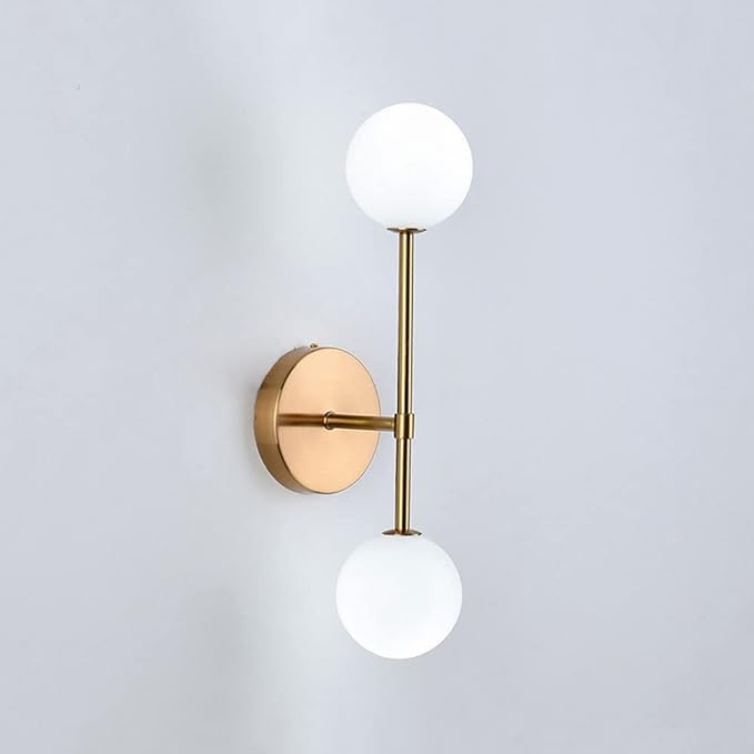 Antique Brass Wall Light | Vertical Double Globe Sconce with Frosted Glass Shades