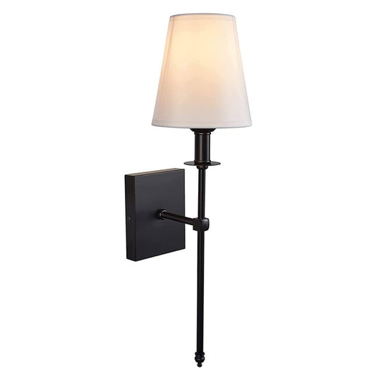 Brass Wall Light | Classic Long-Arm Sconce with Tapered Fabric Shade