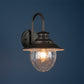 Antique Brass Outdoor Wall Light | Industrial Lantern-Style Sconce with Curved Arm and Hammered Glass Shade