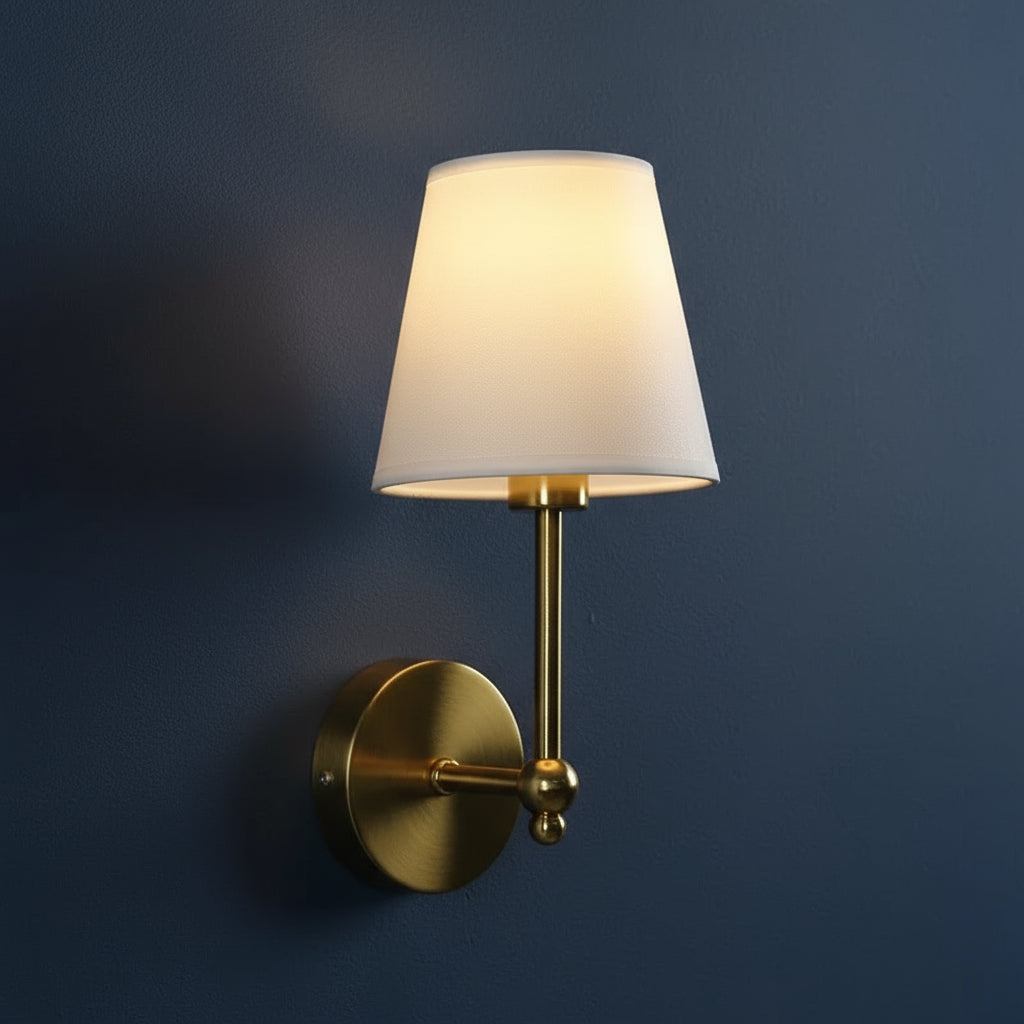 Brass Wall Light | Modern Brass Sconce with White Fabric Shade