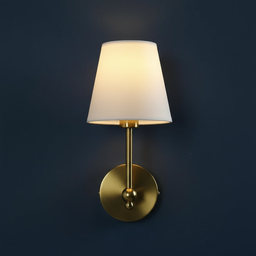 Brass Wall Light | Modern Brass Sconce with White Fabric Shade
