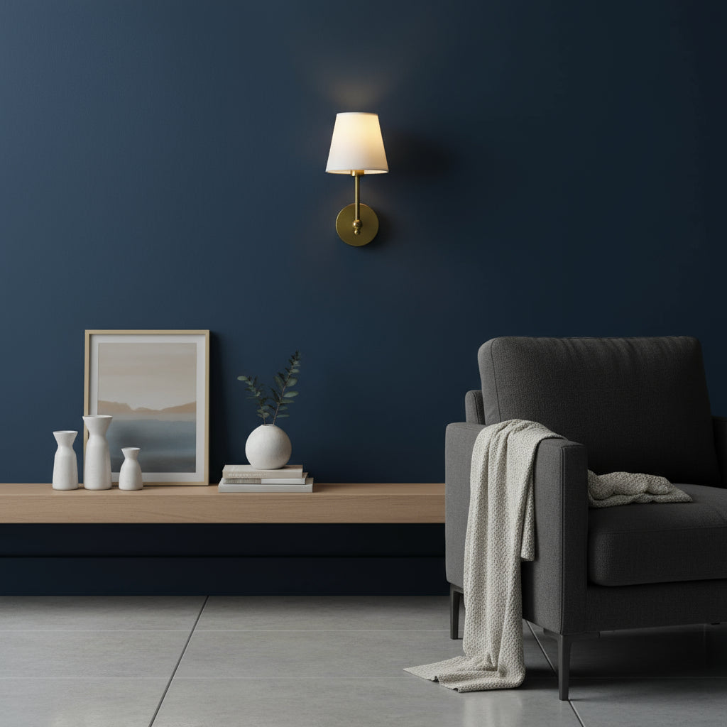 Brass Wall Light | Modern Brass Sconce with White Fabric Shade