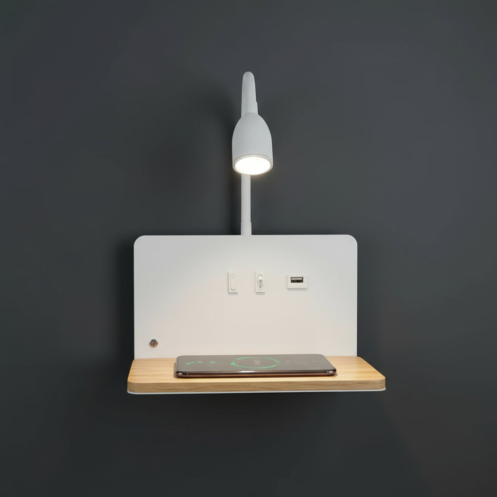 LED Wall Light | Bedside Sconce with USB & Wireless Charging Shelf