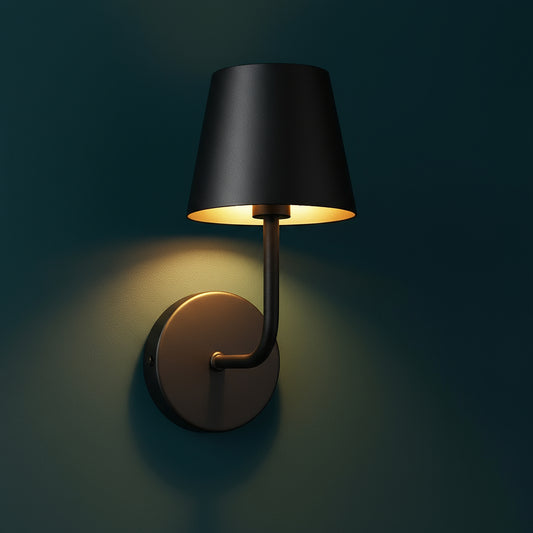 Rechargeable Wall Light | Matte Black Metal Sconce with Long Rod and Tapered Fabric Shade