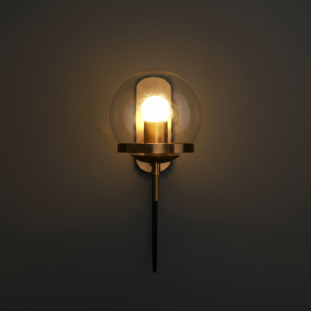 Antique Brass Wall Light | Globe Glass Shade Sconce with Exposed Wire and Metal Backplate