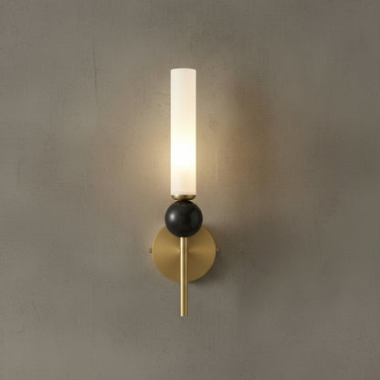 Art Deco Brass Wall Light | Slim Copper Body with Frosted Acrylic Shade and Black Sphere Detail