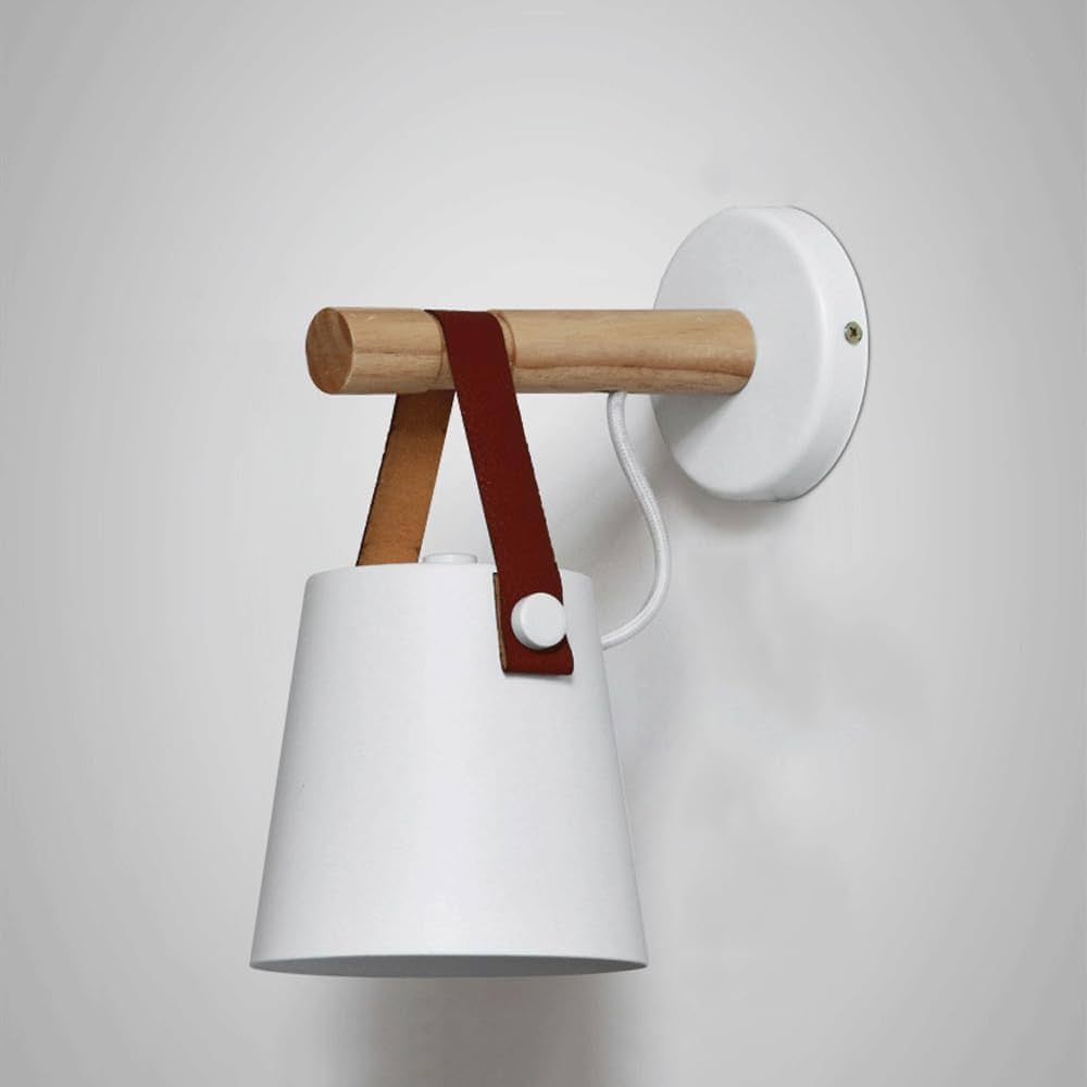 Modern Wall Light | Nordic Wooden Sconce with Leather Strap & Metal Shade