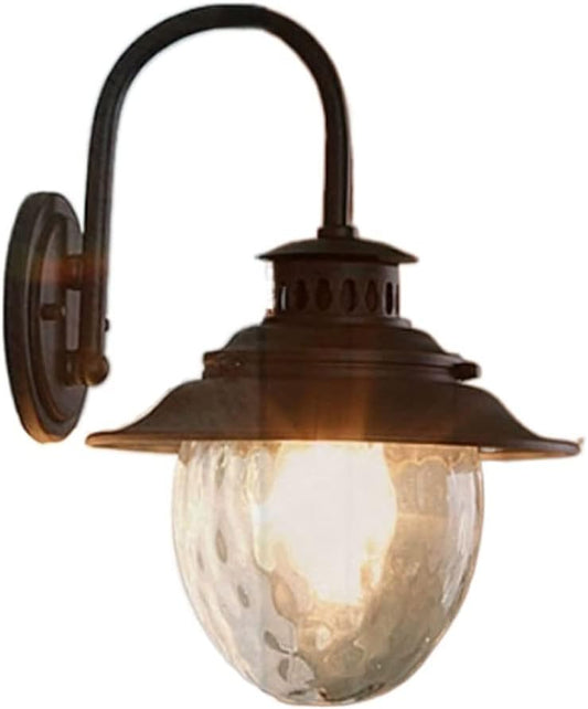 Antique Brass Outdoor Wall Light | Industrial Lantern-Style Sconce with Curved Arm and Hammered Glass Shade