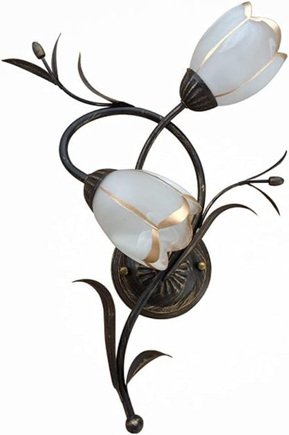 Antique Brass Wall Light | Two Flower-Shaped Glass Shades on Curved Branch Frame