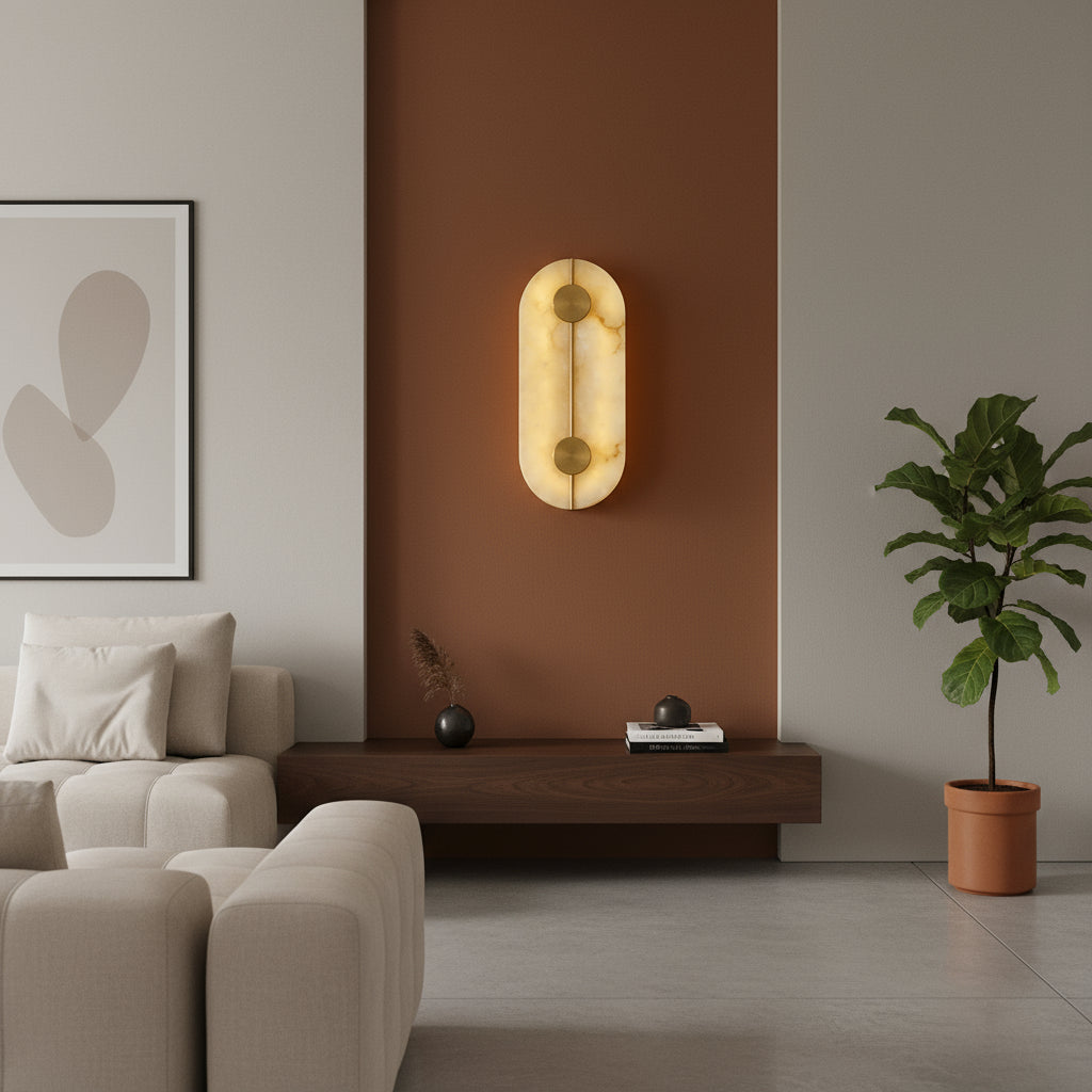 Art Deco Wall Light | Natural Marble Sconce with Antique Brass Finish and Warm LED Glow