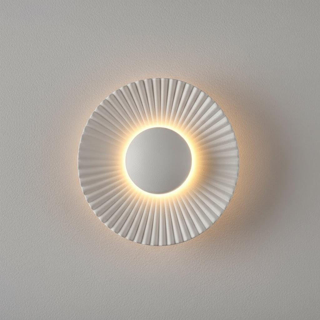 Art Deco LED Wall Light | Ribbed Aluminum Disc Sconce in White or Gold Finish