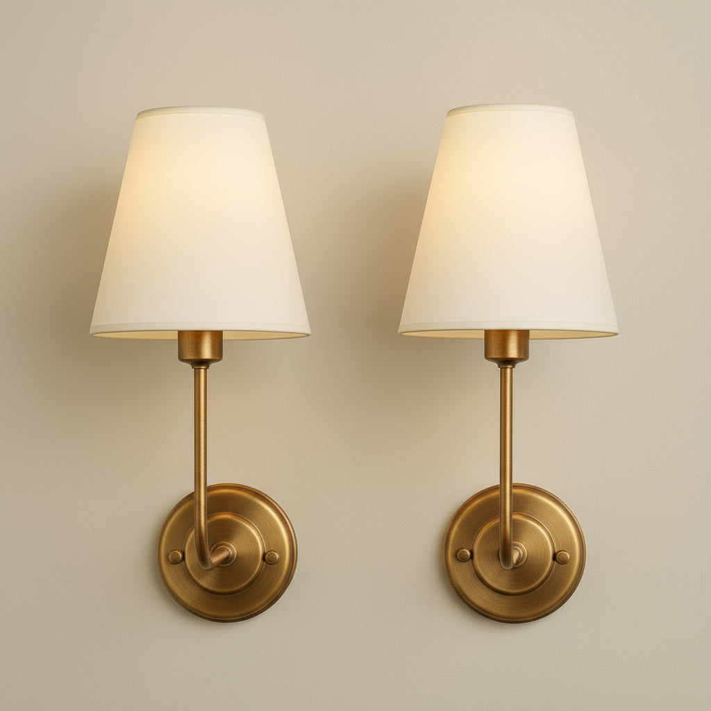 Antique Brass Wall Light | Linen Fabric Shade Sconce with Plated Metal Frame