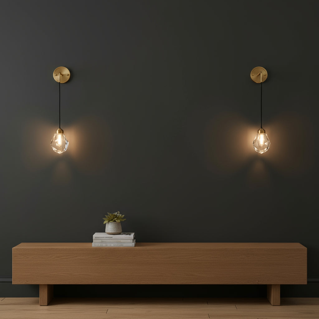 Antique Brass Wall Light | Hanging Faceted Crystal Shade with Brass Base