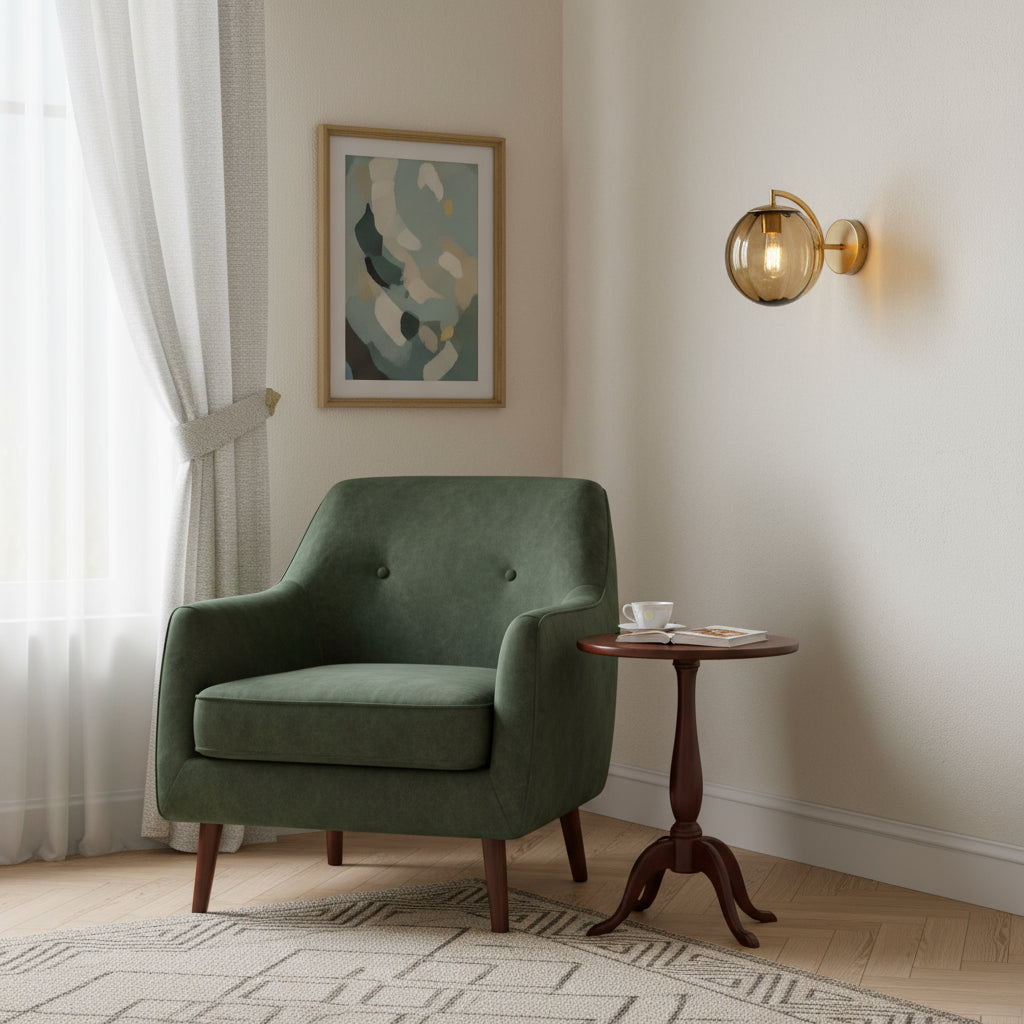 Art Deco Wall Light | Fluted Glass Globe Sconce with Curved Brass Arm