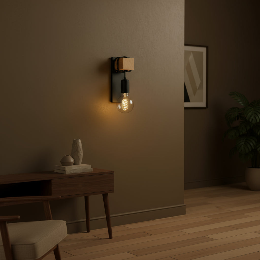 Contemporary Wall Light | Wood & Metal Sconce with Spiral LED Bulb