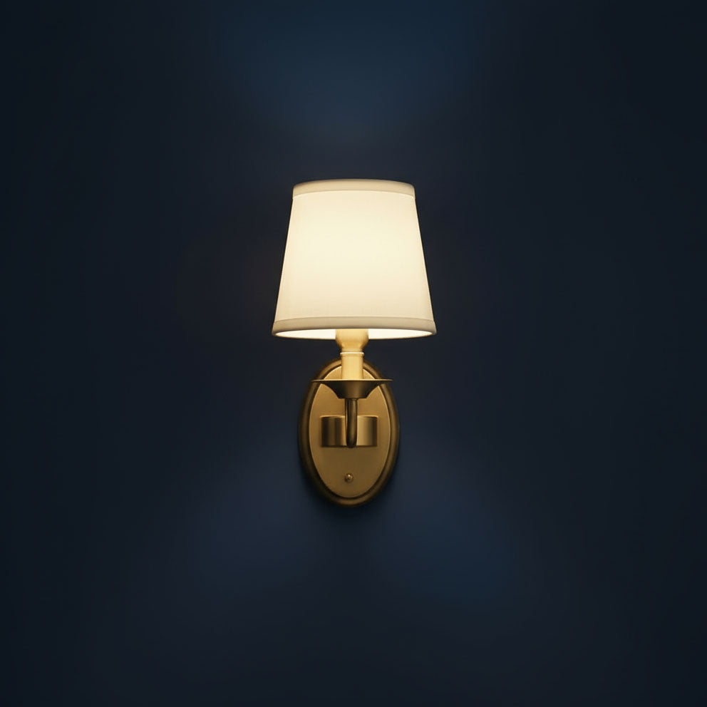 Antique Brass Wall Light | Copper and Iron Sconce with Beige Fabric Shade