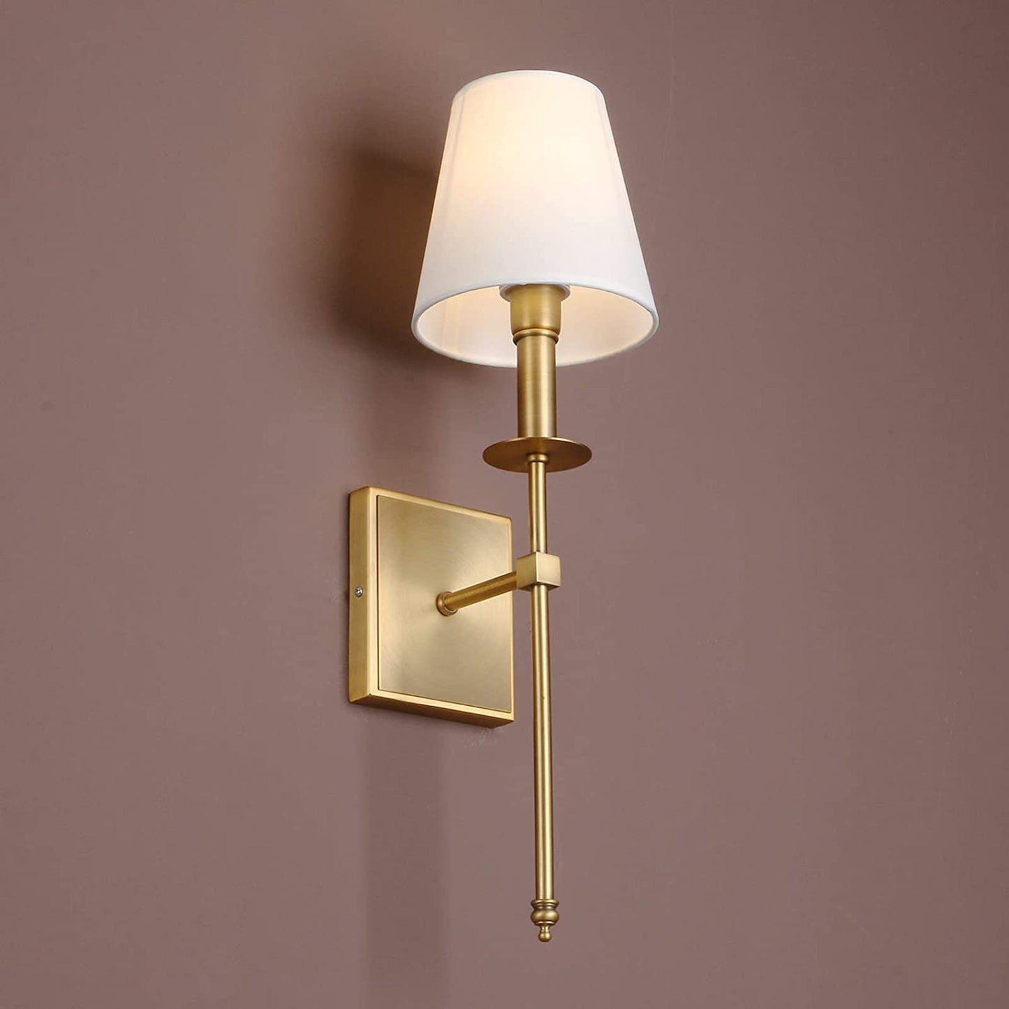 Brass Wall Light | Classic Long-Arm Sconce with Tapered Fabric Shade