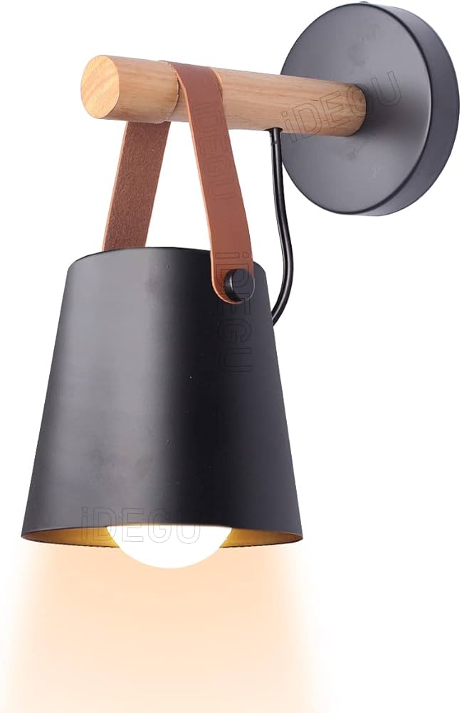 Modern Wall Light | Nordic Wooden Sconce with Leather Strap & Metal Shade
