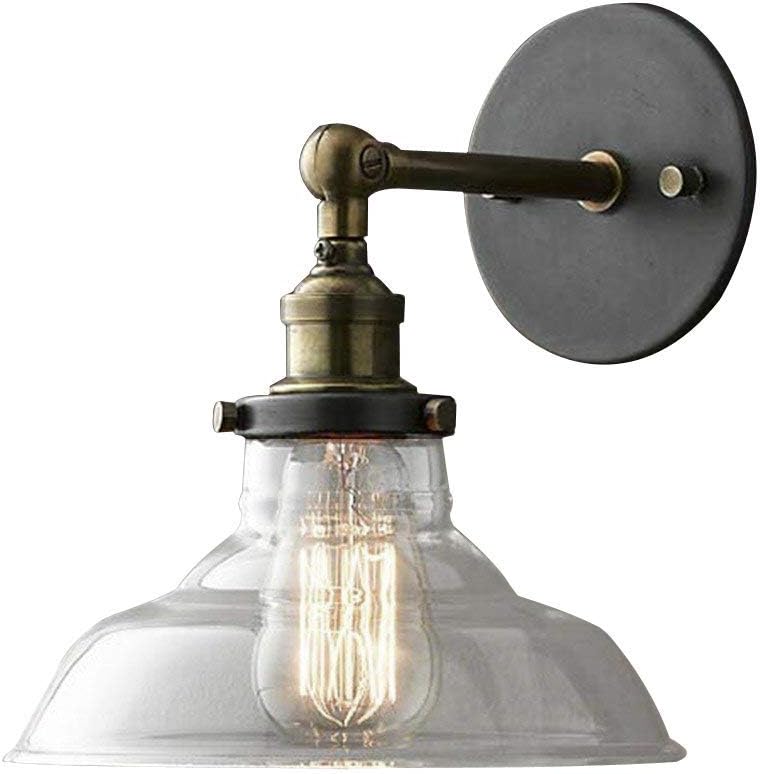 Antique Brass Wall Light | Industrial Curved Arm Sconce with Clear Glass Dome Shade and Round Wall Plate