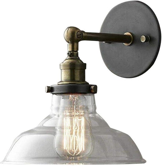Antique Brass Wall Light | Industrial Curved Arm Sconce with Clear Glass Dome Shade and Round Wall Plate