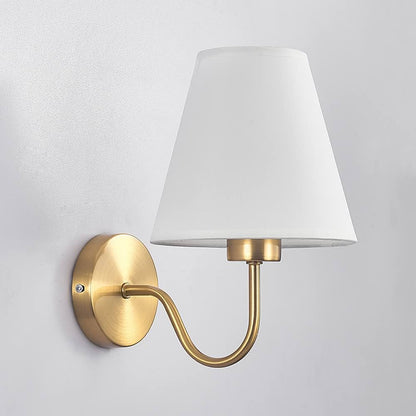 Brass Wall Light | Conical Fabric Shade Sconce with Curved Brass Arm