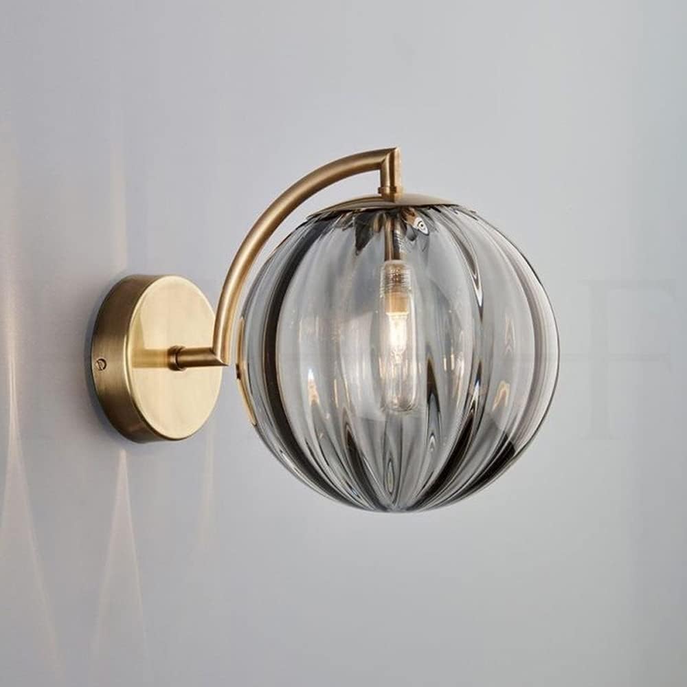 Art Deco Wall Light | Fluted Glass Globe Sconce with Curved Brass Arm
