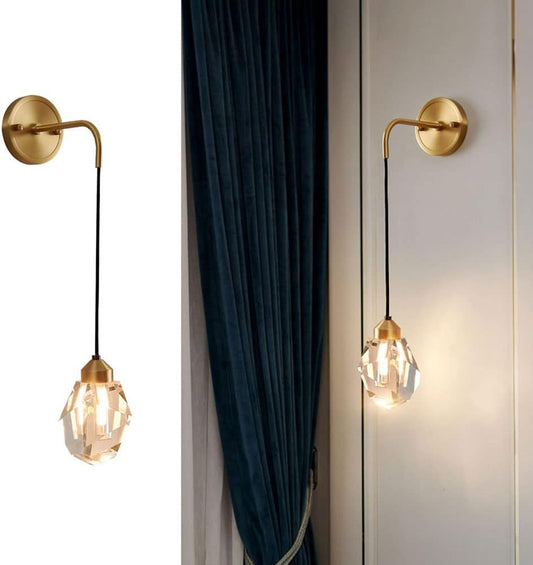 Antique Brass Wall Light | Hanging Faceted Crystal Shade with Brass Base
