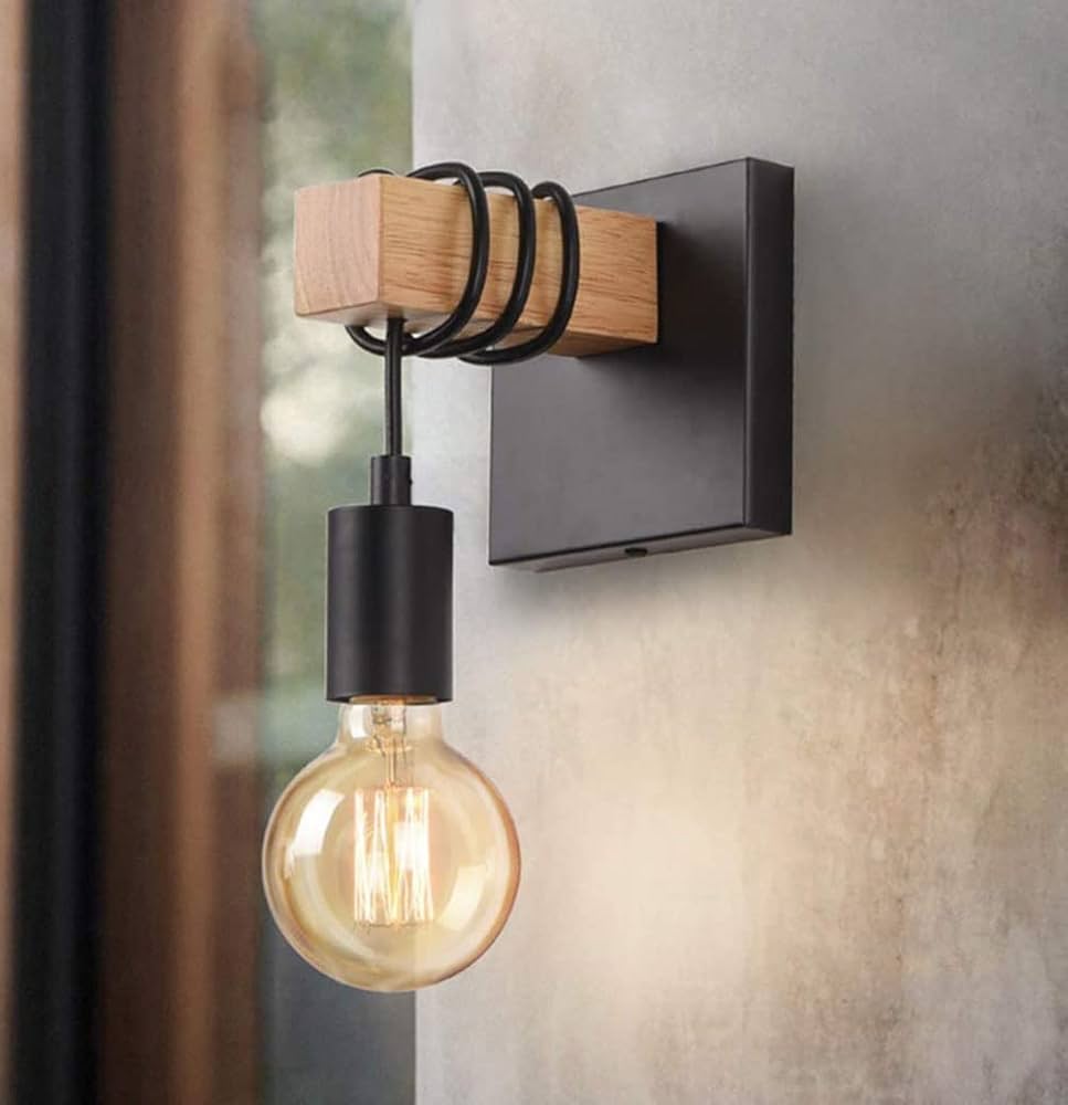 Contemporary Wall Light | Wood & Metal Sconce with Spiral LED Bulb