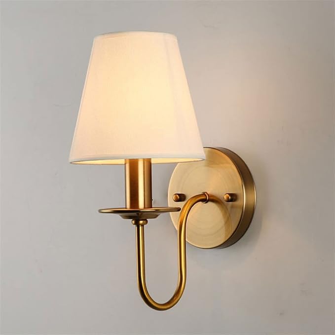 Antique Brass Wall Light | Curved Arm Sconce with White Tapered Fabric Shade