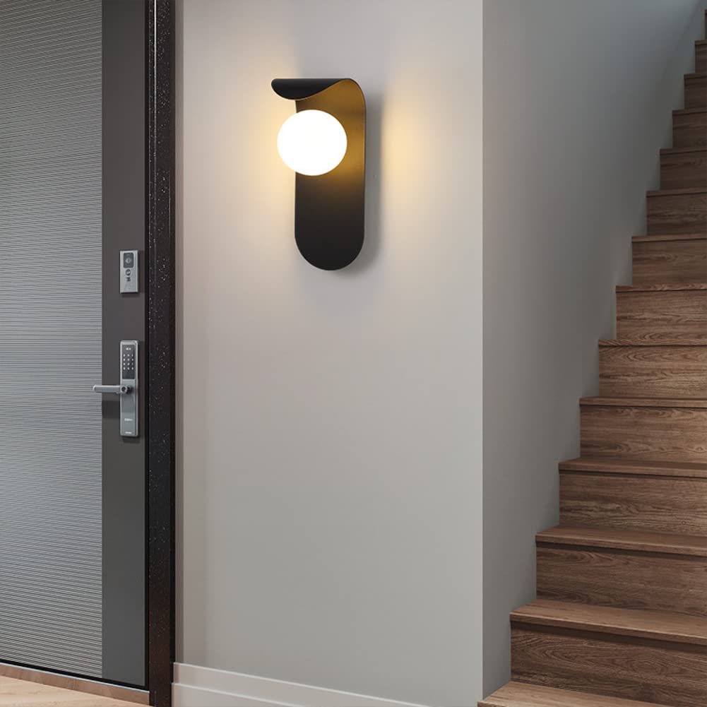 Modern Wall Light | Curved Metal Backplate with Frosted Glass Globe Shade