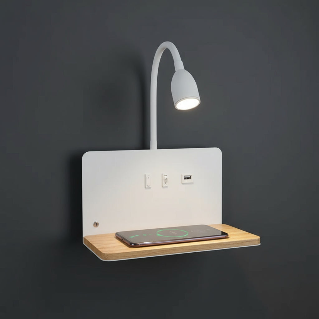 LED Wall Light | Bedside Sconce with USB & Wireless Charging Shelf