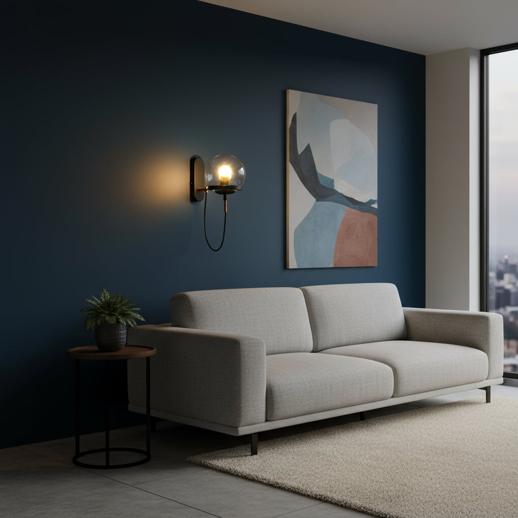 Antique Brass Wall Light | Globe Glass Shade Sconce with Exposed Wire and Metal Backplate