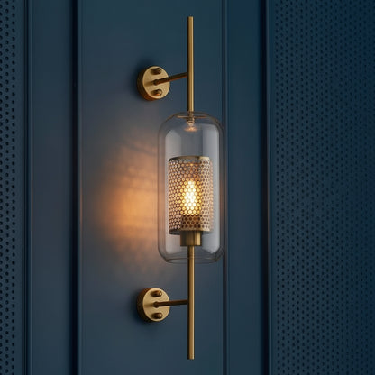 Industrial Wall Light | Brass Rod Sconce with Glass Cylinder Shade