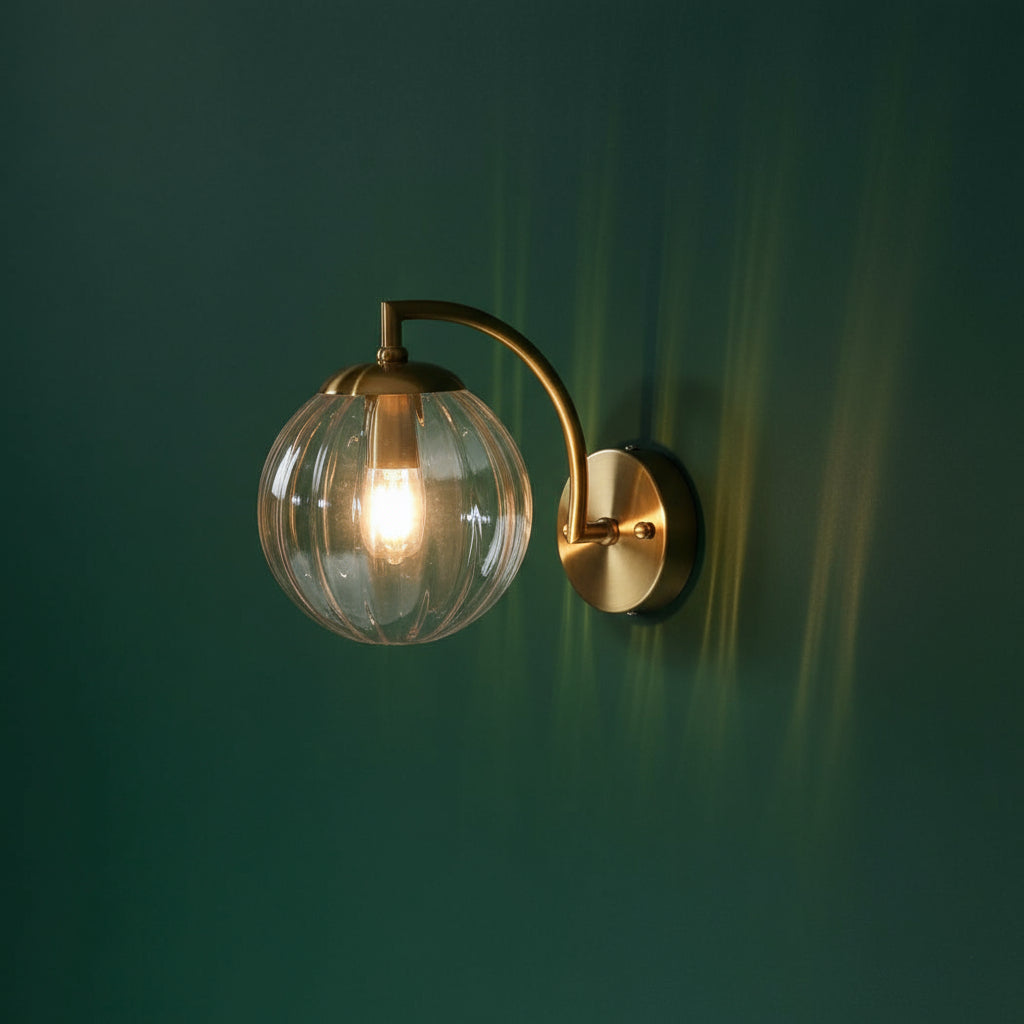 Brass Wall Light | Gold Metal Arm with Clear Ribbed Glass Globe Shade