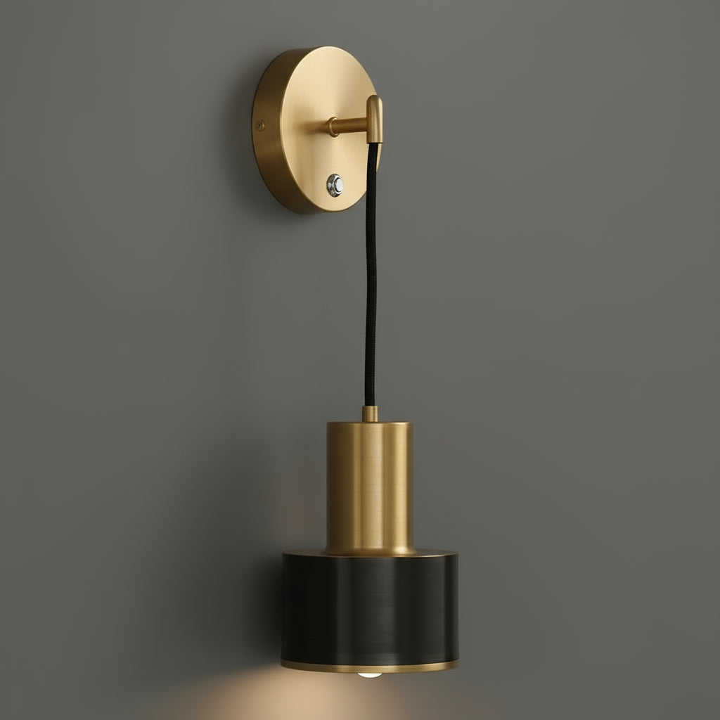 Brass Wall Light | Adjustable Brass & Black Cylinder Sconce with Wall Mount Plate