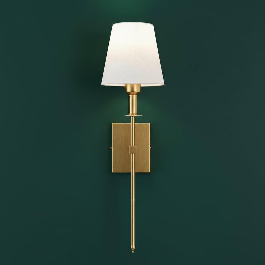 Brass Wall Light | Classic Long-Arm Sconce with Tapered Fabric Shade